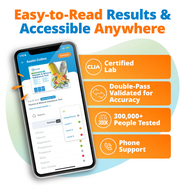 An example of the nutrition results on a phone next to the test kit box